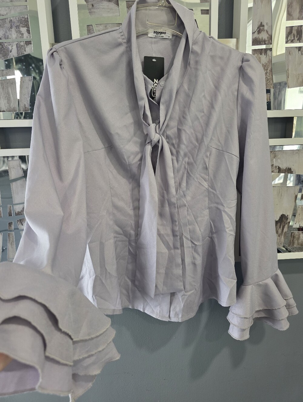 Lavender Gray Tie-Neck Ruffle Sleeve Blouse